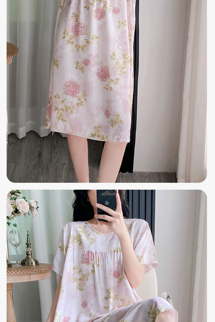 Summer cotton silk belt cushioned nightgown for middle-aged women, short sleeves for mothers, 45-piece artificial cotton home wear, pajama skirt pic 19