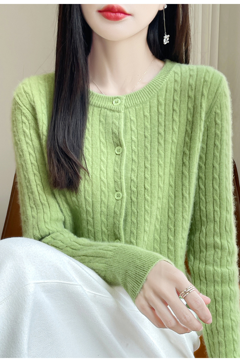 濮院100全羊毛针织毛衣女圆领麻花开衫羊绒外套韩系软糯外穿上衣详情20