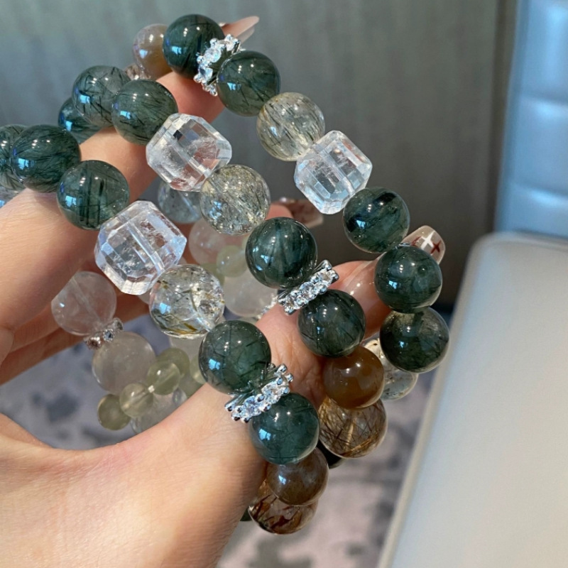 天然绿发晶黑金超白幽灵白水晶方糖手串葡萄石招财喜金水木女详情46