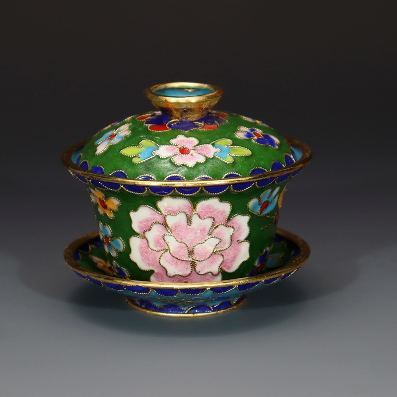 Beijing Cloisonne craft cultural gift and decorative items: copper body, cloisonne enamel, filigree, silver blue, large and small tea bowls and covered bowls pic 4