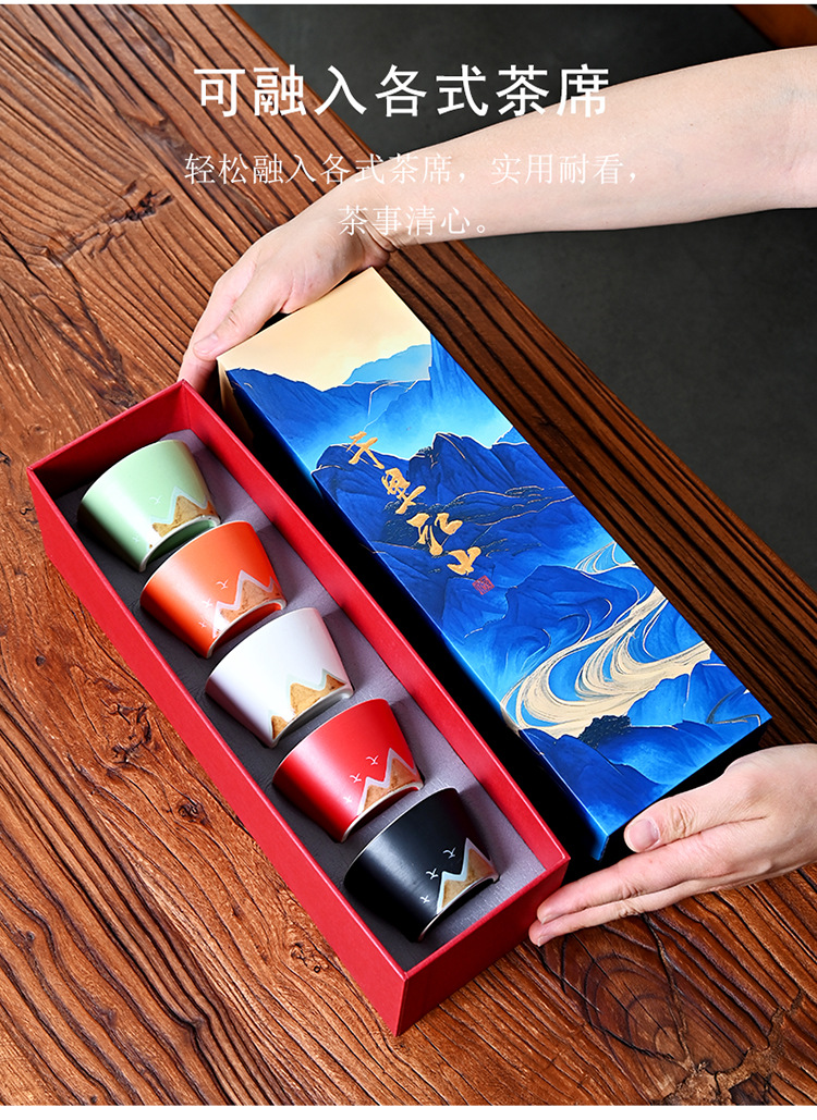 New Chinese-style five-color cups, thousand-mile river tea cups, ceramic tea sets, tea tasting cups, complete set of business small gifts pic 10