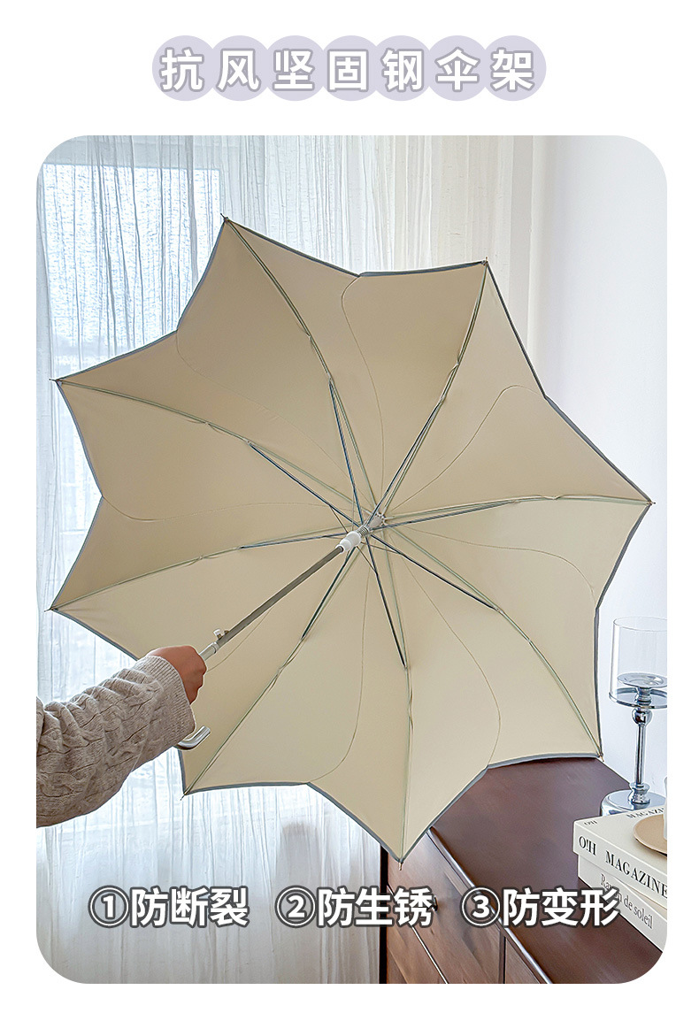 The new 8-bone petal umbrella with a straight stem and curved handle is an automatic umbrella for girls. It has a high appearance level, enhanced reinforcement, and provides sun protection and UV protection pic 6