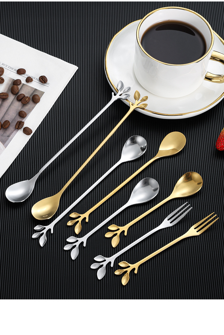 不锈钢勺子金色树叶勺水果叉伴手礼勺咖啡搅拌勺蜂蜜勺燕窝咖啡勺详情18