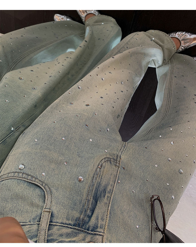 怀旧蓝牛仔高腰阔腿裤女2024春夏新款设计感烫钻时尚拖地裤详情13