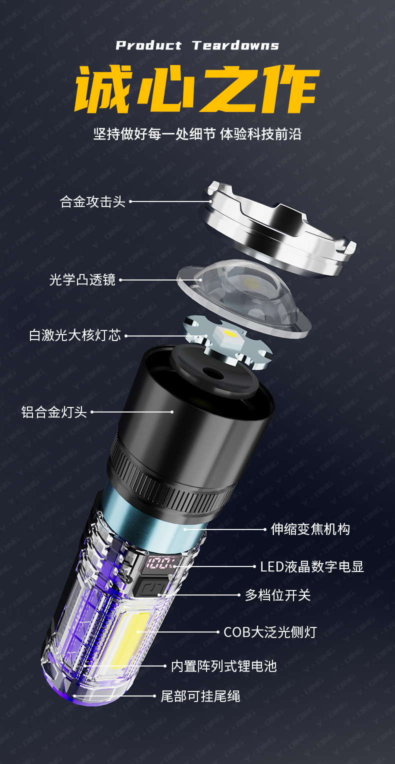 跨境抖音新品超强远射手电筒强光户外充电LED变焦数显白激光手电详情5