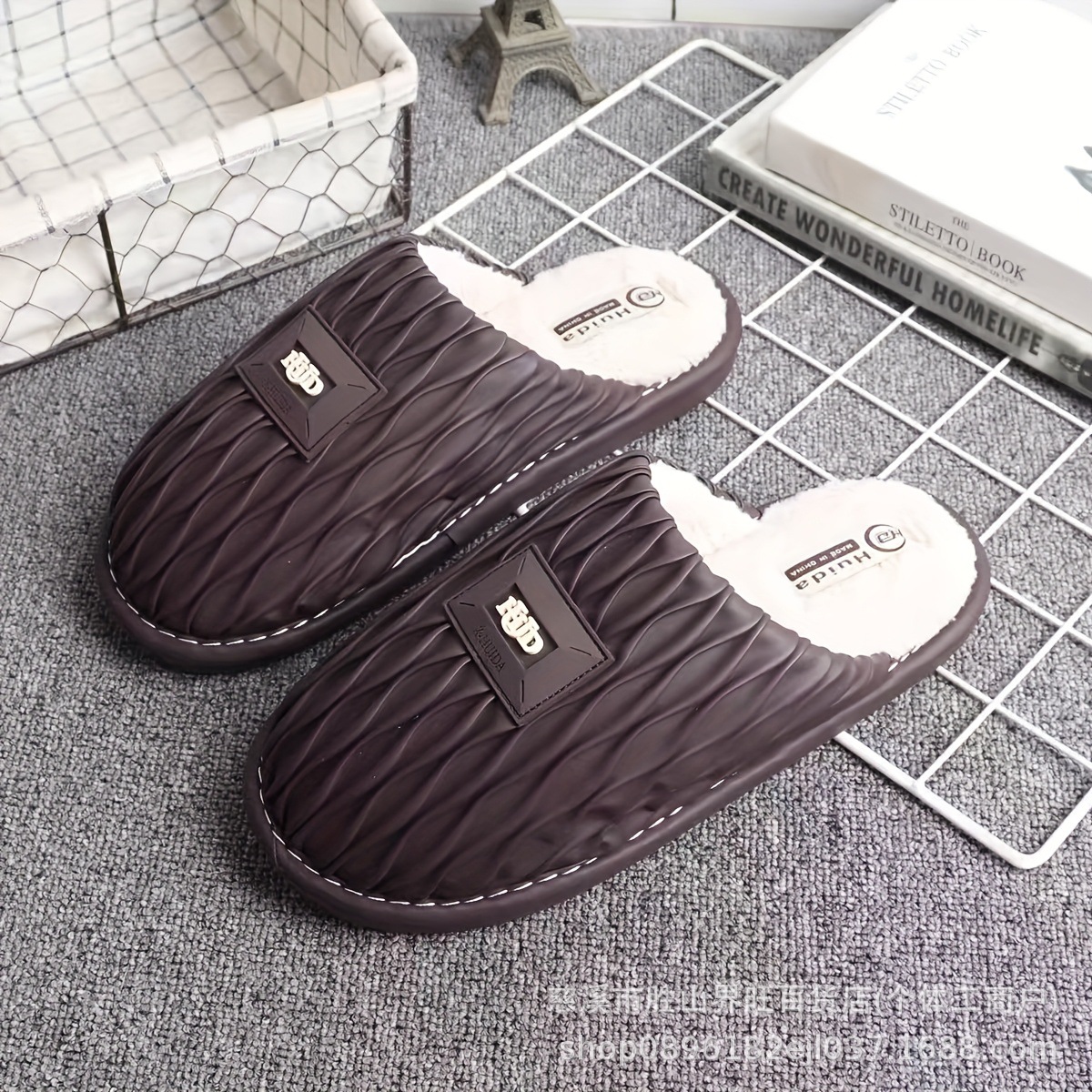 细细条 男士时尚褶皱PU皮棉拖鞋冬季新款保暖家用休闲高级感棉鞋详情11