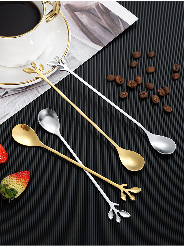 不锈钢勺子金色树叶勺水果叉伴手礼勺咖啡搅拌勺蜂蜜勺燕窝咖啡勺详情16