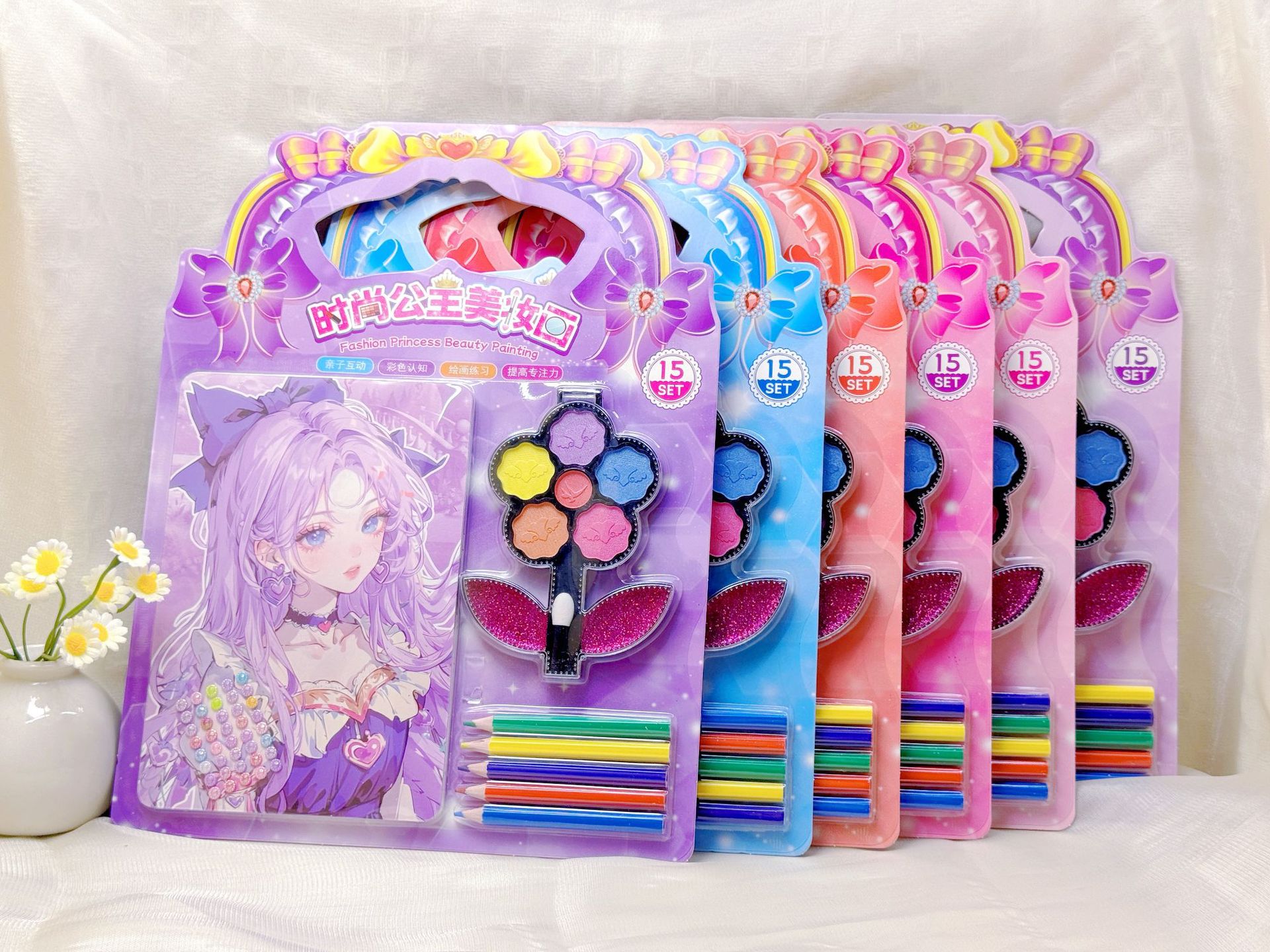批发儿童彩妆贴画DIY填色涂鸦化妆贴画彩画彩铅钻贴6只笔一卡4张详情4
