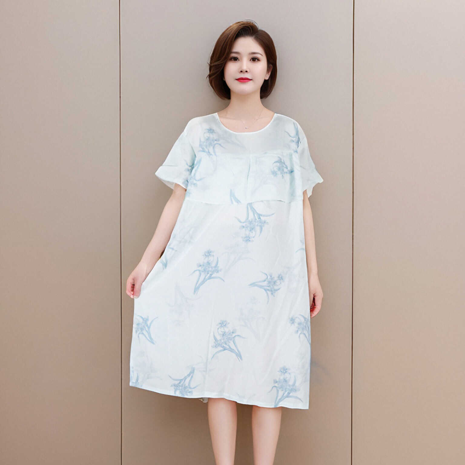 45支放凸点荷叶边碎花短袖连衣裙女夏宽松显瘦妈妈中老年减龄裙子详情11
