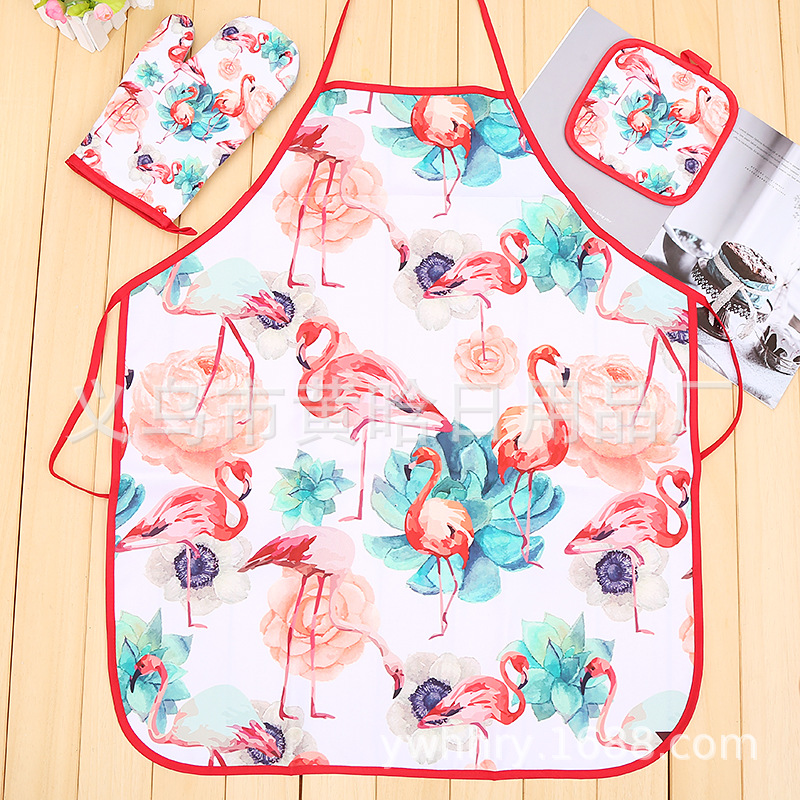 【 Chi Jia 】 Flamingo Digital Print Microwave Glove Pad Apron Three-piece Set Kitchen Oven Baking pic 2