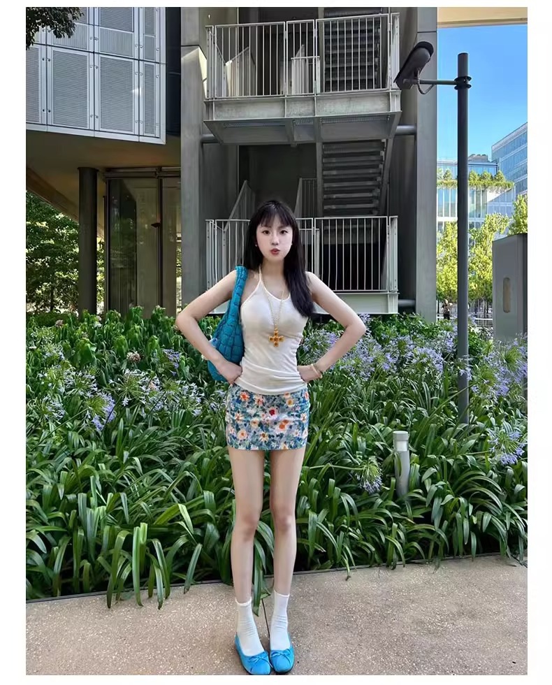 油画碎花包臀裙a字半身裙女夏2025新款小个子蓝色多巴胺绝美短裙详情15