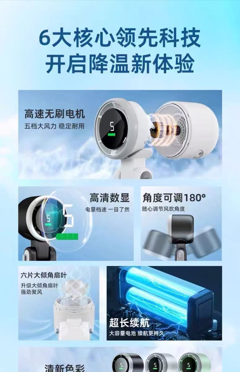 跨境爆款高速涡轮风扇数显迷你挂脖风扇usb充电手持折叠小风扇详情7