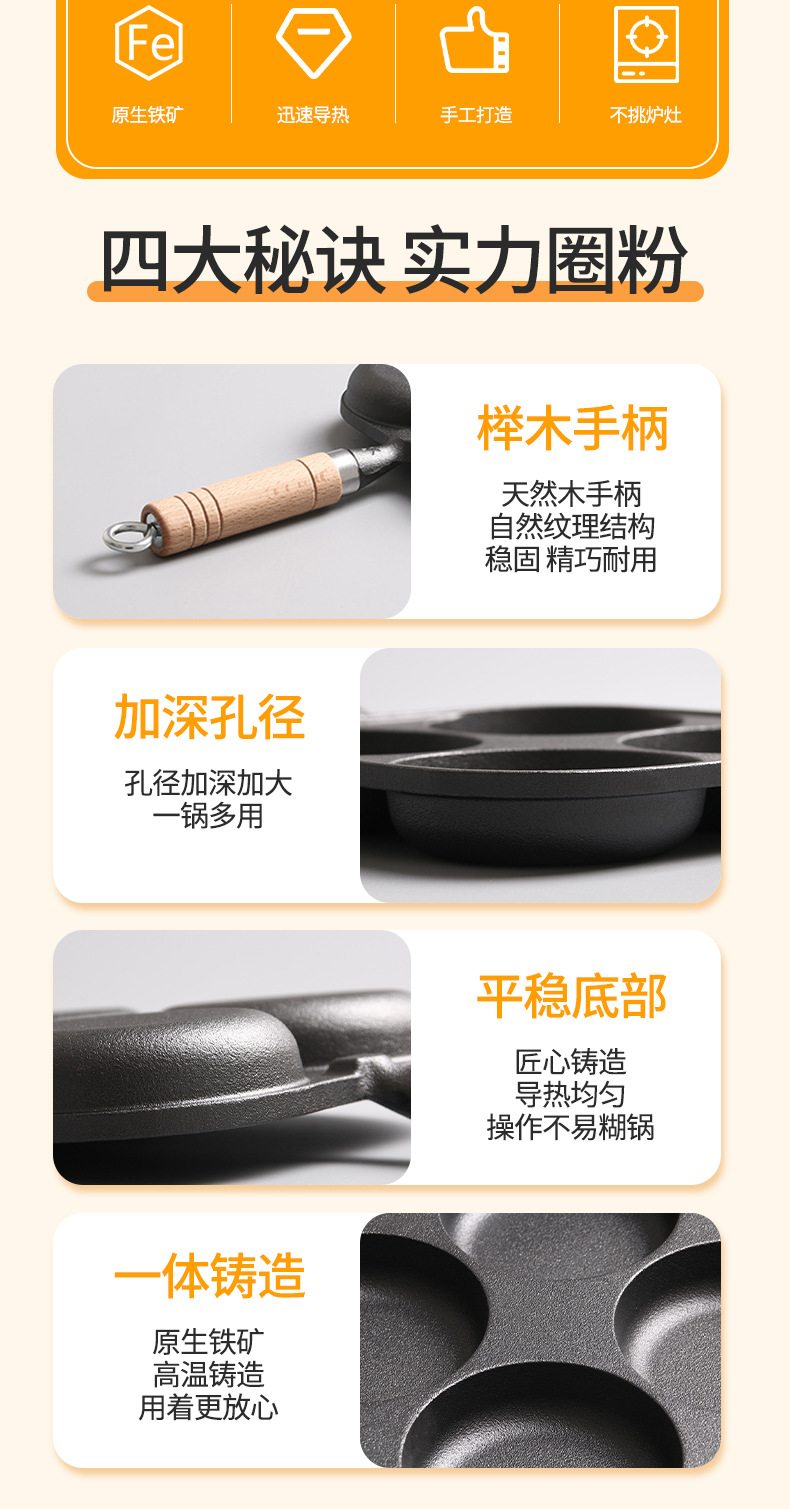 家用煎锅早餐锅铸铁四孔煎锅鸡蛋汉堡模具无涂层不粘锅迷你煎蛋锅详情2