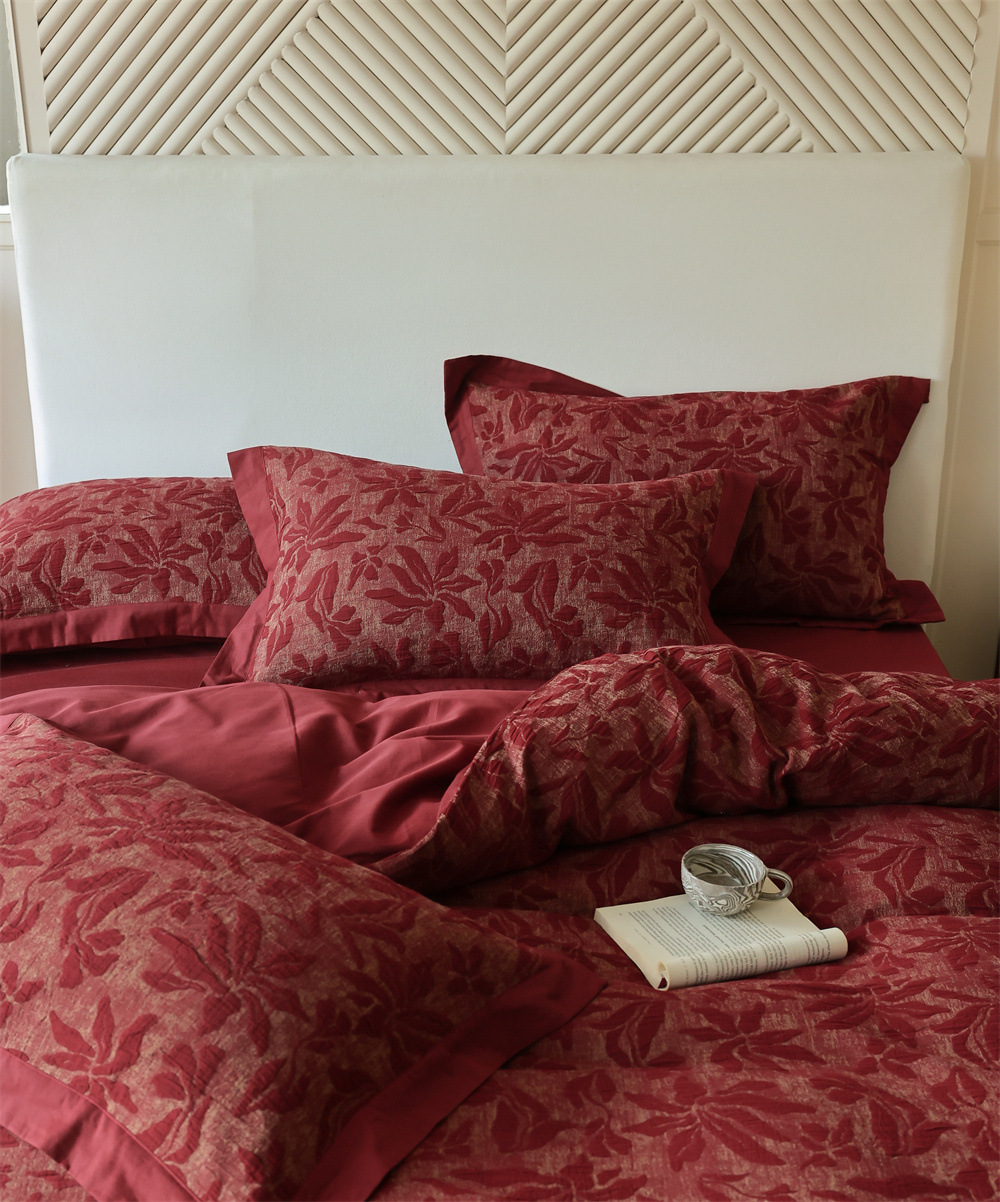 Class A retro jacquard all-cotton wedding four-piece set, a red pure cotton high-end wedding room bedding pic 8