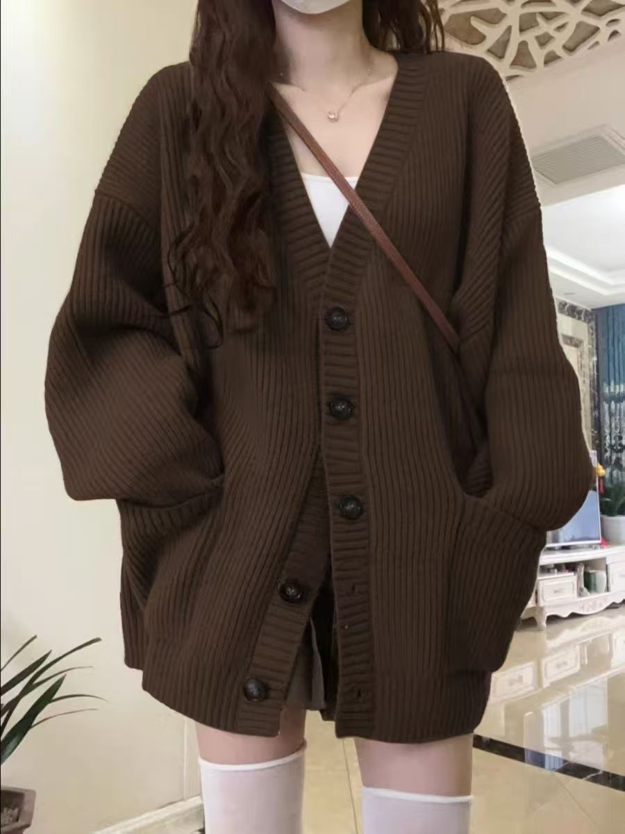 韩版V领慵懒风开衫2025新款日系简约毛衣女春秋冬休闲宽松针织衫详情11