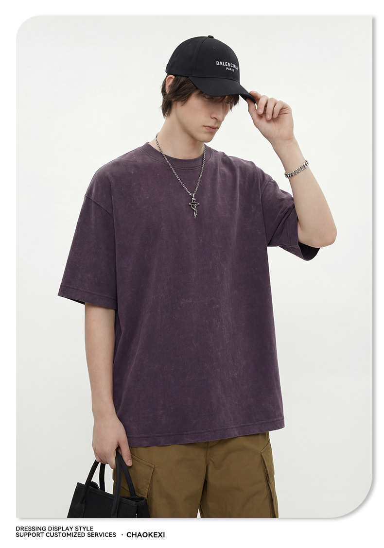 A heavyweight American retro T-shirt for men, summer washed and aged vintage half-sleeved trendy brand, pure cotton short-sleeved for teenagers pic 26