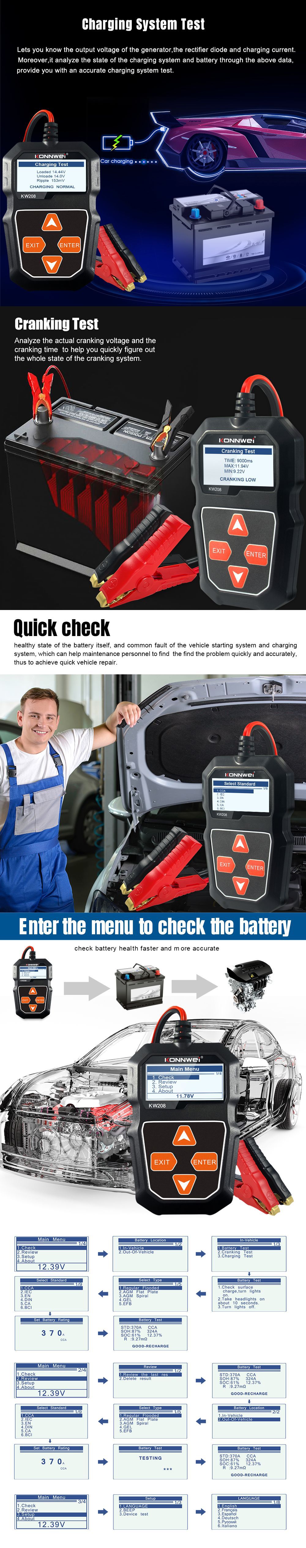KW208 battery analyzer battery tester for Automobiles and Motorcycles pic 3