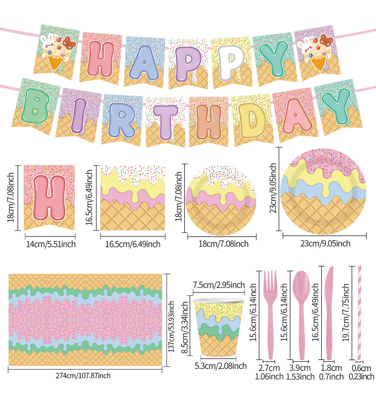 冰淇淋主题生日派对聚会拉旗氛围布置一次性纸盘纸巾纸杯刀叉餐具纸杯纸盘环保一次性餐具详情3