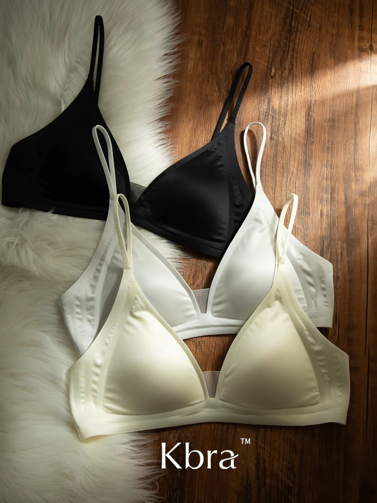 无磁Kbra牛奶缎法式深V领内衣女细肩带无痕三角杯小胸无钢圈文胸详情45