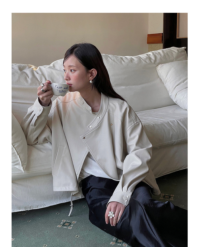 【歌铭】韩系通勤立领皮衣夹克女春季新款复古机车服短外套W733B详情33