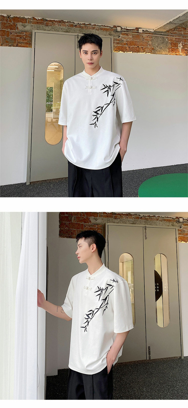 Summer Chinese trend improved Chinese-style button-up T-shirt for men, short-sleeved, niche bamboo embroidery design, retro Chinese style half-sleeved top pic 5