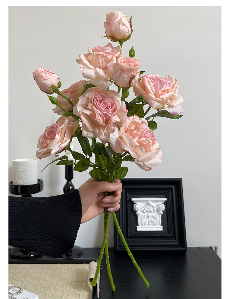 法式复古油画焦边玫瑰高级仿真手捧花束多头假花婚礼拍摄仿生干花详情12