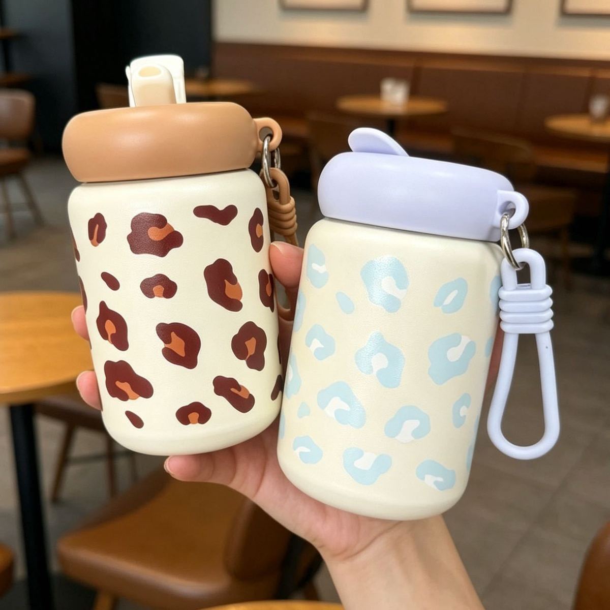 Thermos cups for girls, niche, high-appearure-level students, portable outdoor leopard print straw cups, stainless steel cups pic 5
