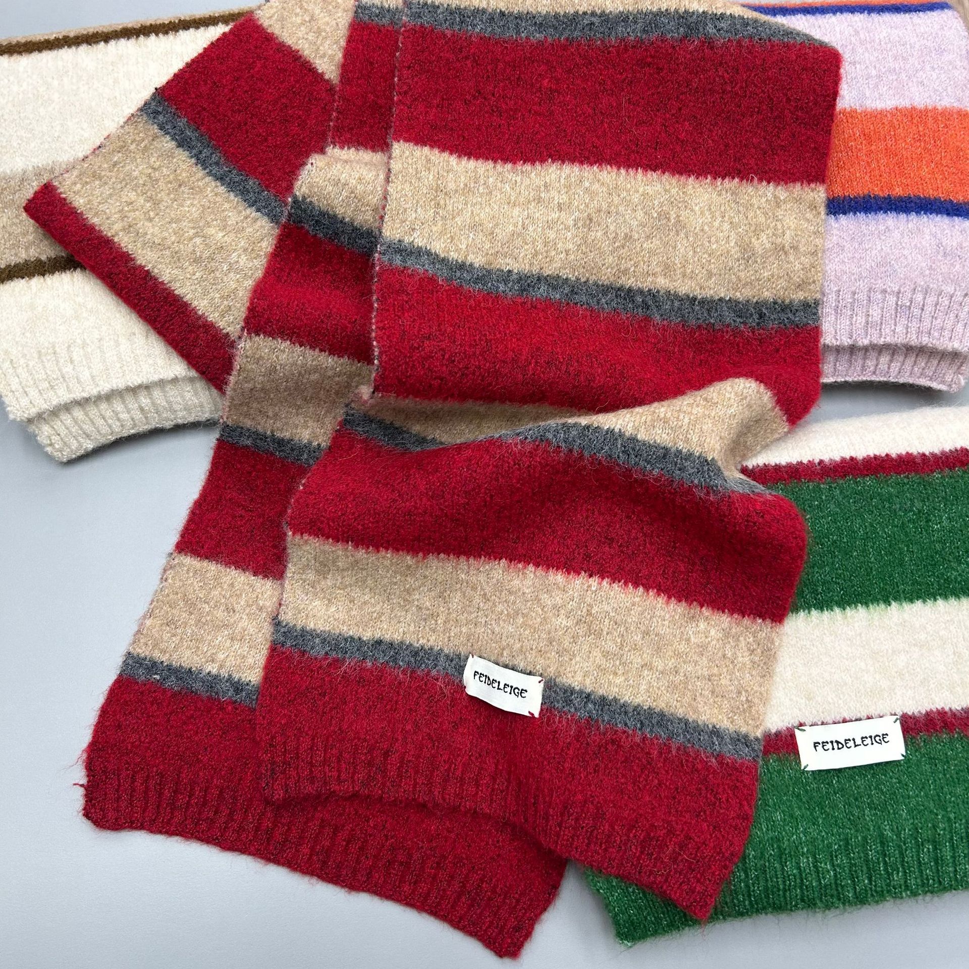 Rainbow-striped faux cashmere scarf for women in winter, a short Korean-style color-blocked striped scarf for students to keep warm, in an ins style pic 3