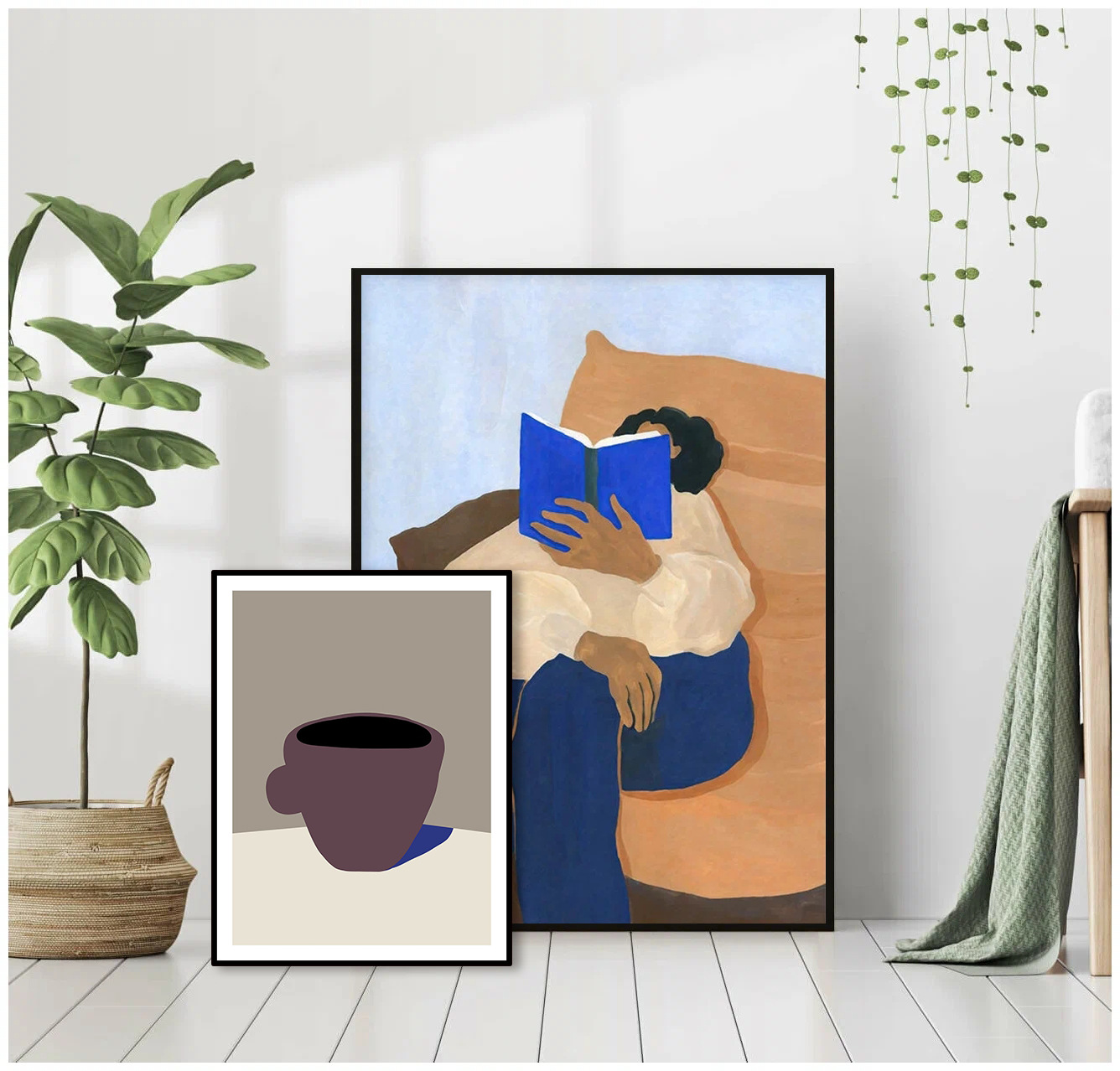 A girl reading a book, Danish design art abstract painting core, Nordic and Japanese wooden style living room and dining room decoration hanging painting pic 11