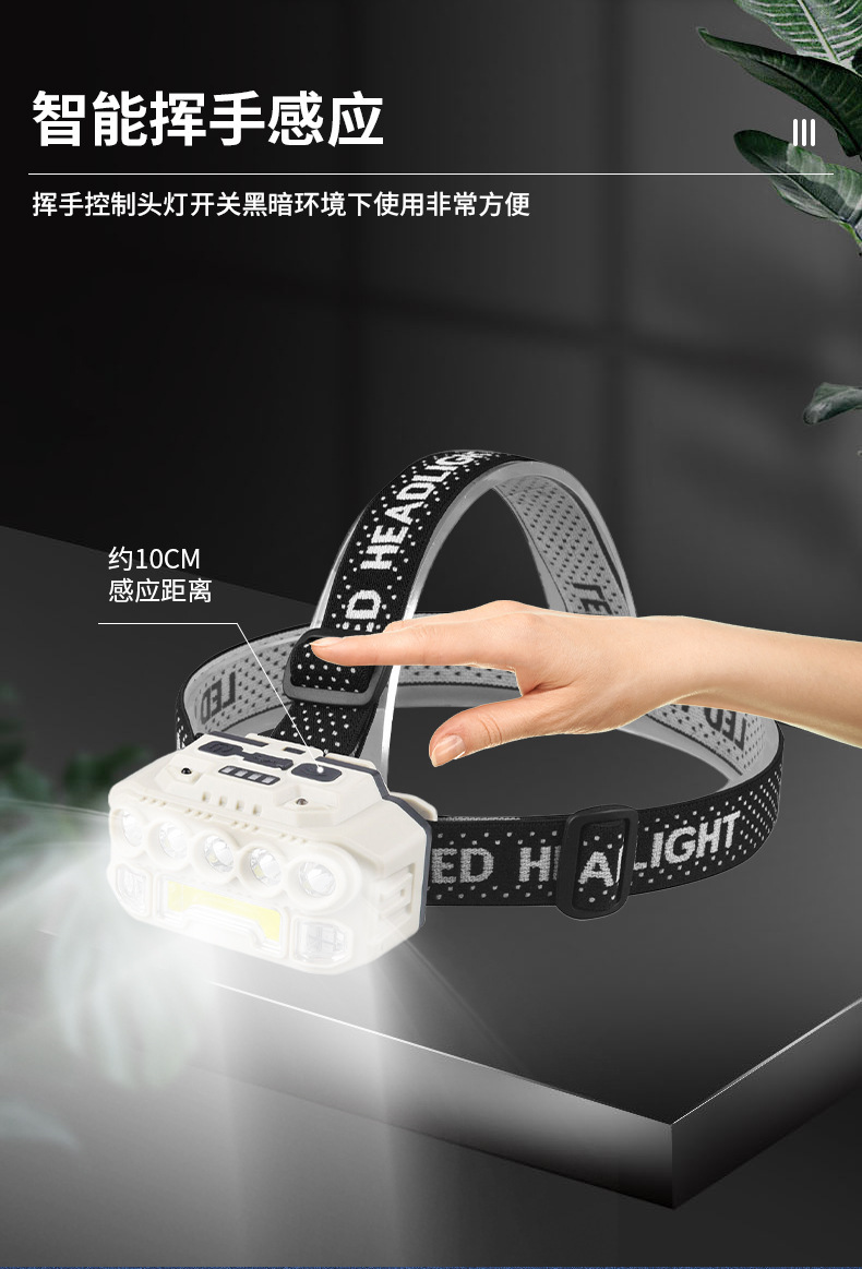 LED plastic headlamp, outdoor cycling and night running strong headlamp, USB charging with red and blue flashing sensor headlamp pic 10