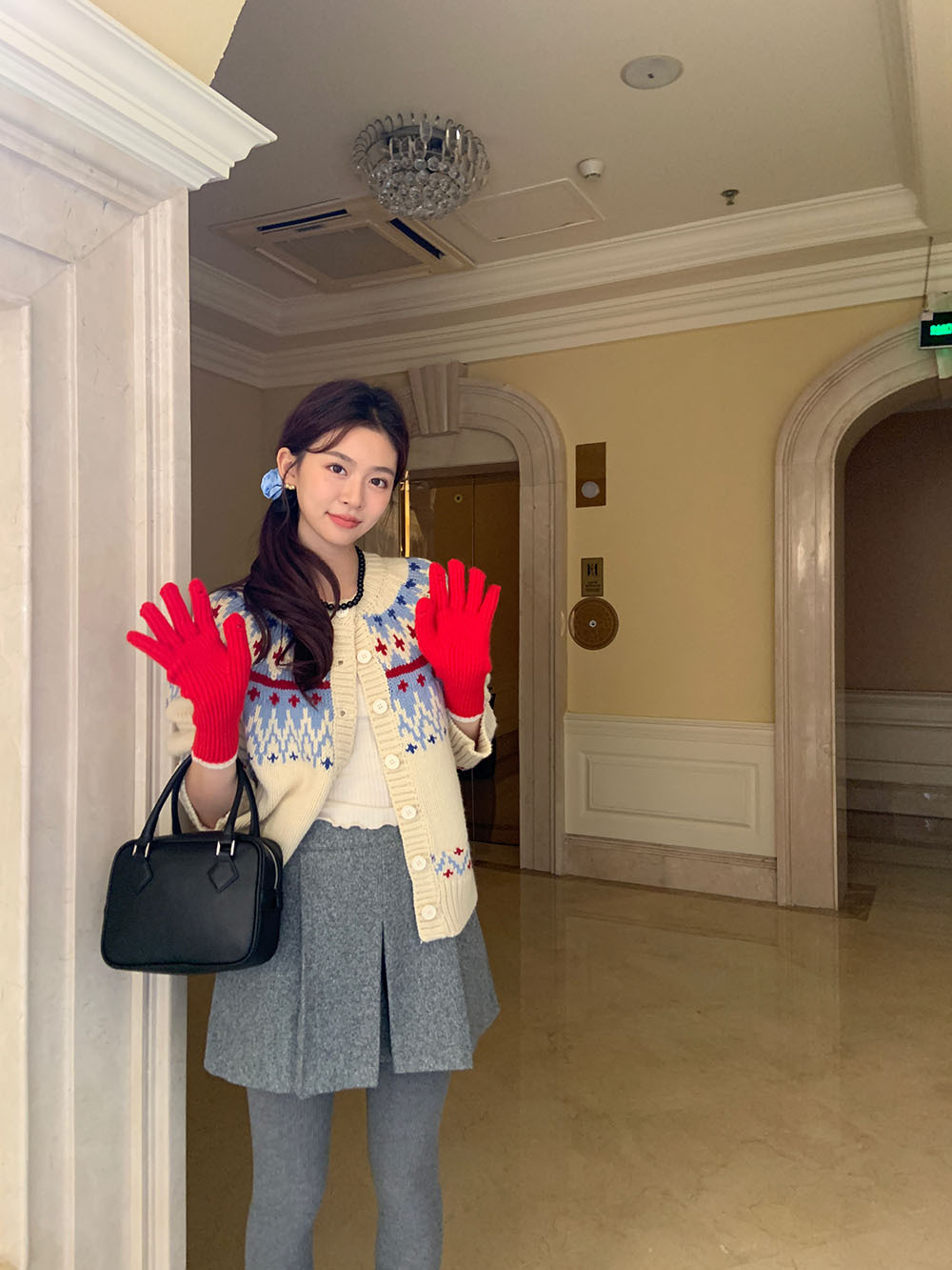 费尔岛复古美式少女撞色波普提花单排扣针织开衫厚实保暖毛衣外套详情71