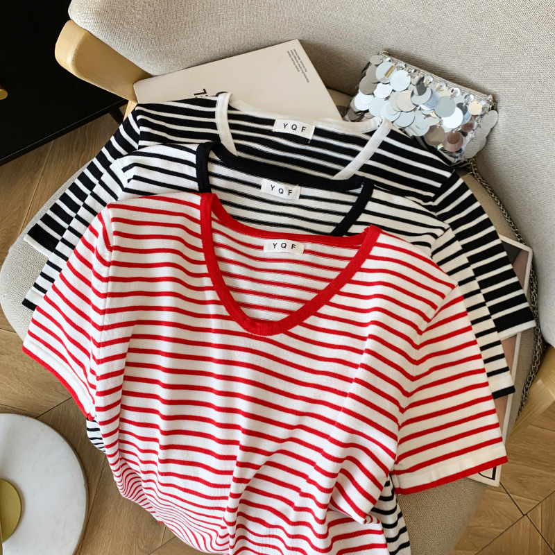 实拍 现货 女装夏季新款韩版V领条纹短袖T恤洋气冰丝针织衫上衣女详情17