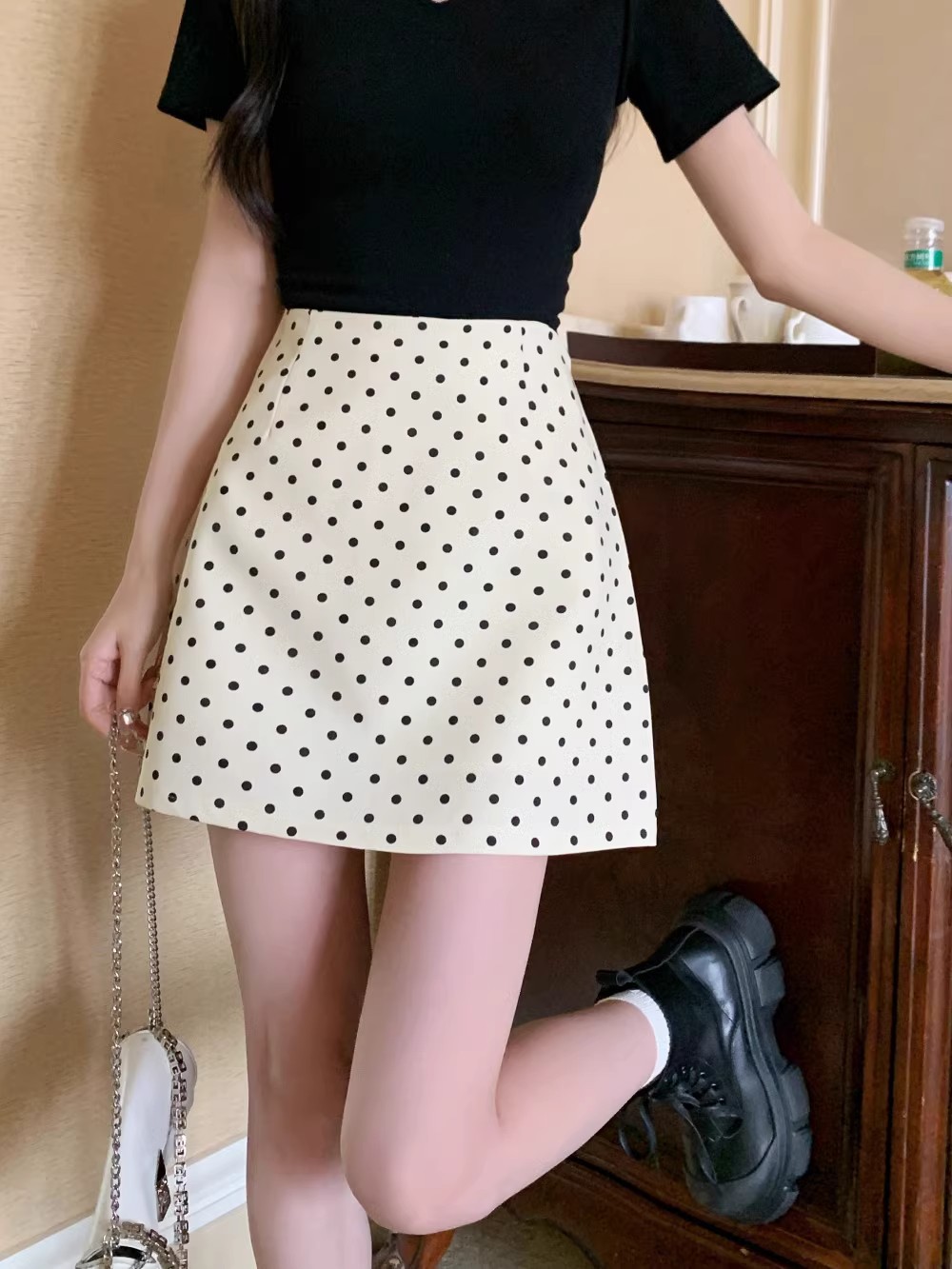 东大门女装2024春款波点半身裙女通勤百搭高腰包臀裙a字西装短裙详情16