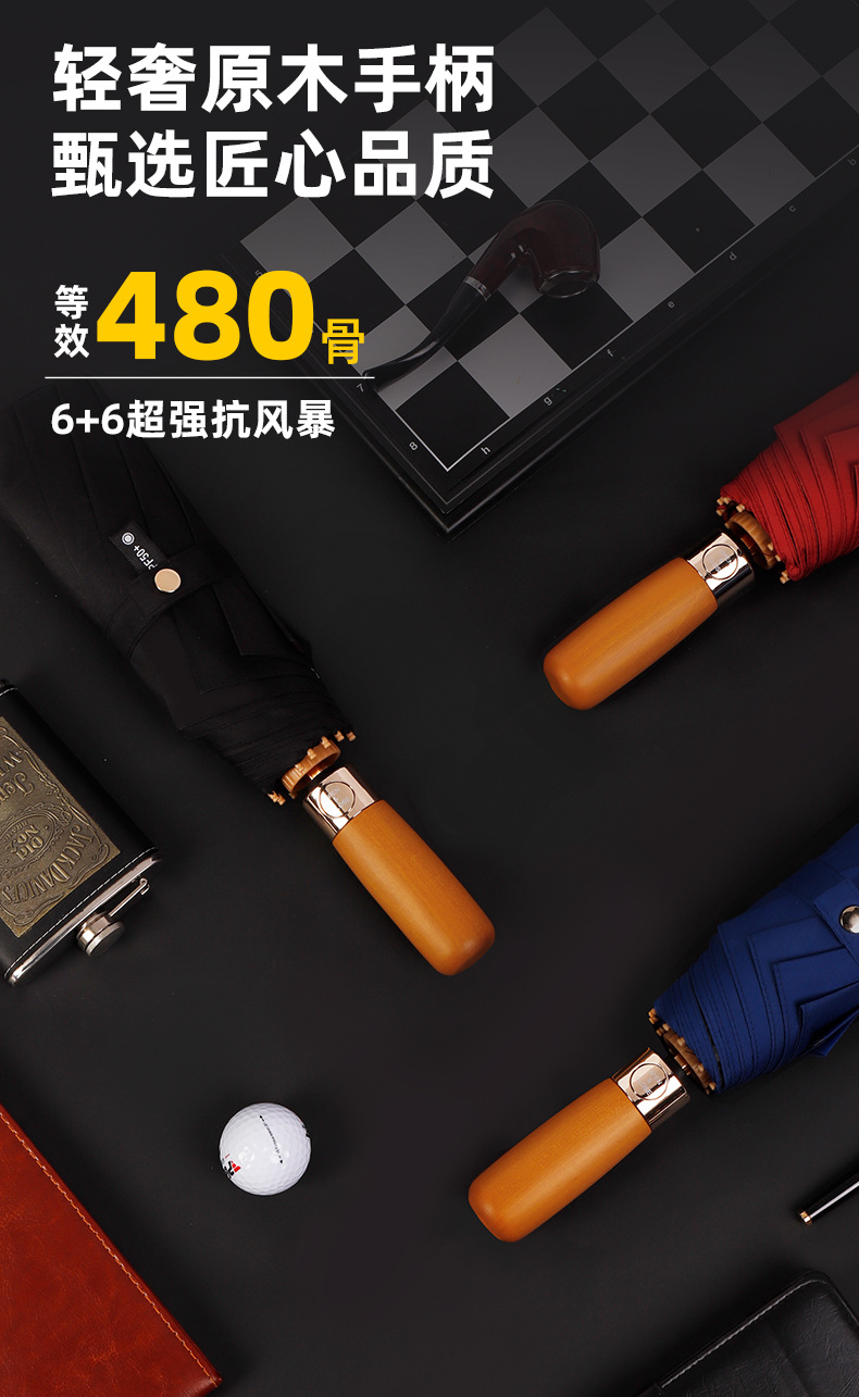 New solid wood fully automatic umbrella, a 23-inch self-opening and closing umbrella for both rain and sun protection, 12-bone business black rubber sun umbrella pic 1