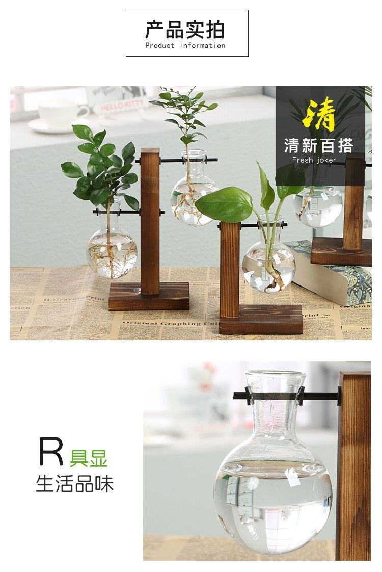 简约创意玻璃瓶花瓶木架水培绿萝植物透明桌面摆件装饰品详情3