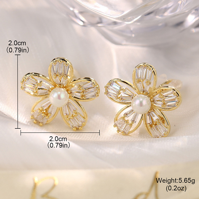 时尚高级感天然珍珠锆石耳环女花朵星星复古轻奢耳钉耳夹925银针详情20