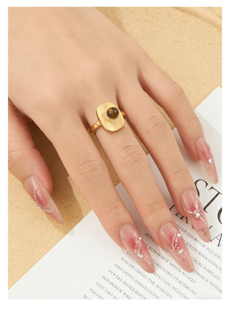 Light luxury retro geometric square brushed open ring, copper alloy real gold electroplated natural stone adjustable index finger ring pic 13