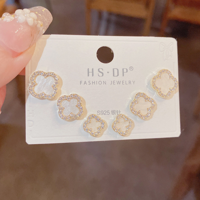 s925银针微镶锆石四叶花三件套耳钉女气质时尚简约小巧耳环耳饰女详情13