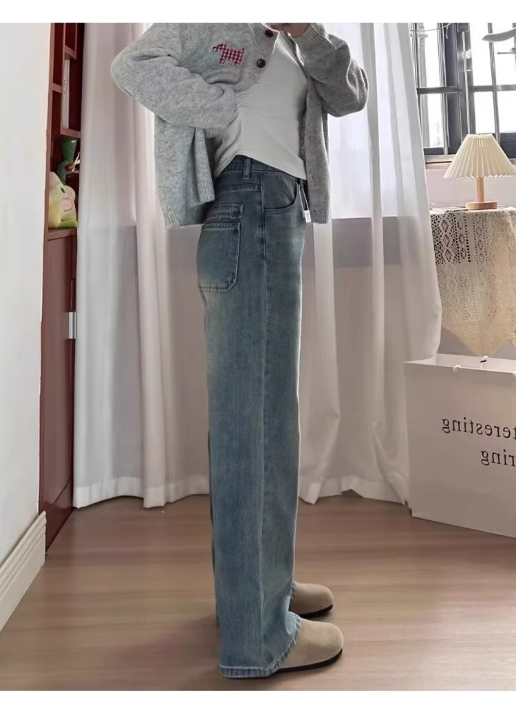 复古蓝直筒牛仔裤女春季新款高腰胖mm显瘦梨形身材宽松阔腿长裤子详情5