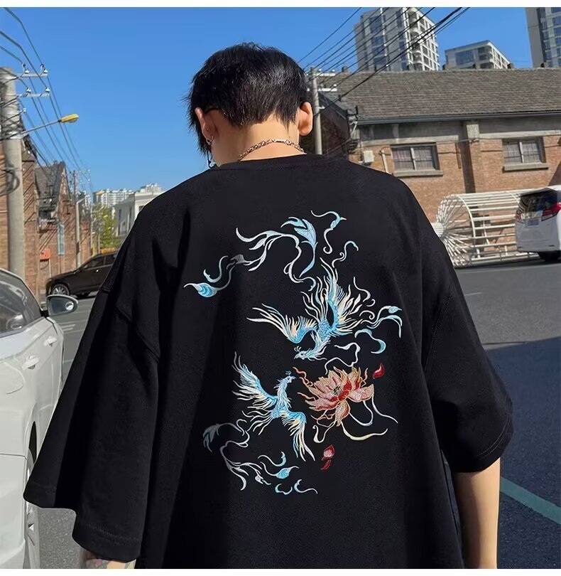 国潮中国风衣服白色纯棉短袖t恤男宽松大码凤凰潮牌重磅半袖夏季详情10