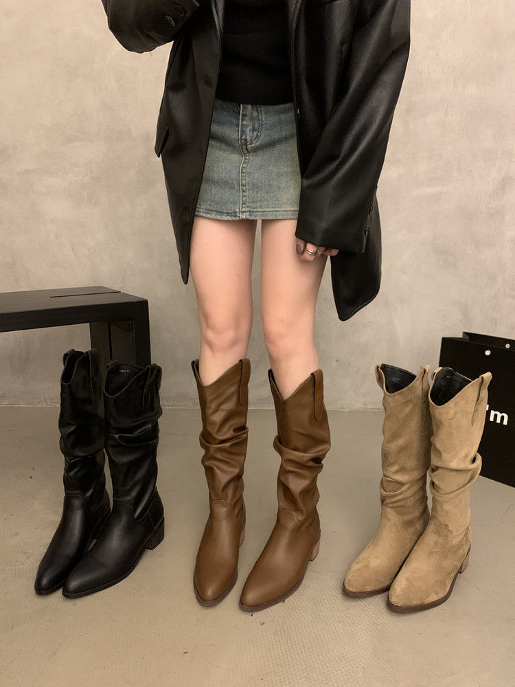 欧美时尚增高显瘦褶皱堆堆长筒骑士靴2025年新款秋冬季西部马丁靴详情1