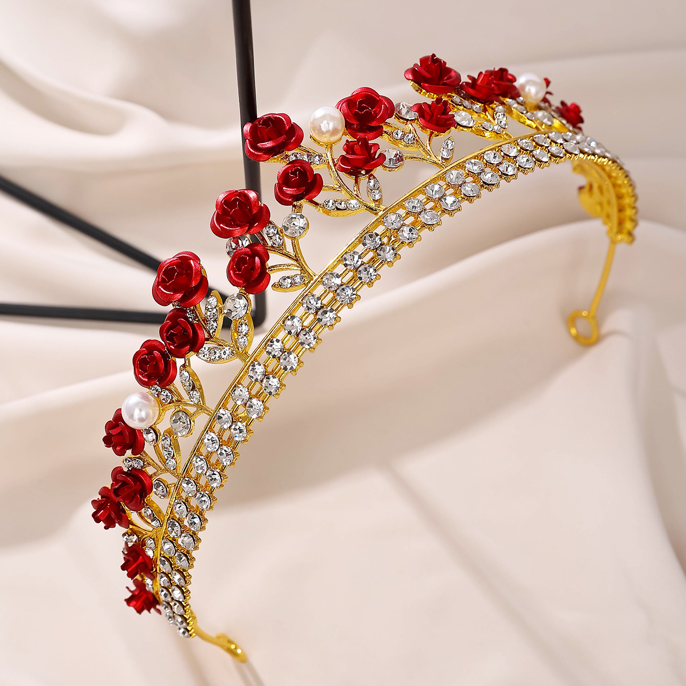 Nuevo compromiso barroco belleza temperamento rosas rojas princesa aros de pelo vestido de novia accesorios corona de novia pic 7