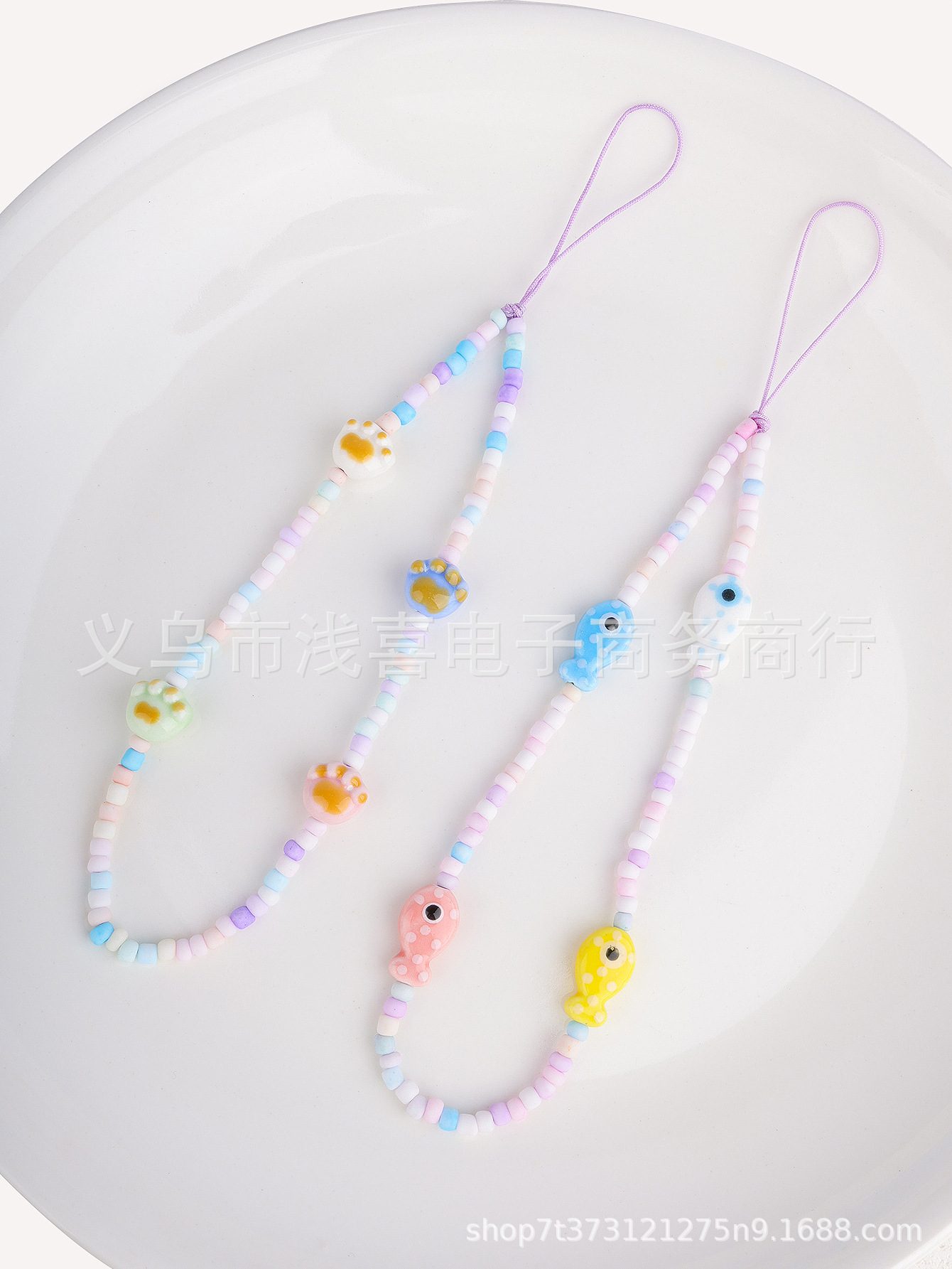 New Chinese-style ceramic rice bead cartoon character mobile phone chain, colorful cat paw little fish hand-woven pendant pic 1