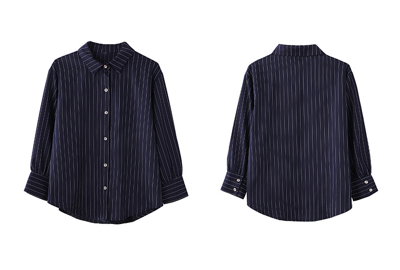 This vertical striped chiffon shirt for women with three-quarter sleeves is a new autumn collection. It features a unique and mature design with a sense of elegance and drape pic 6