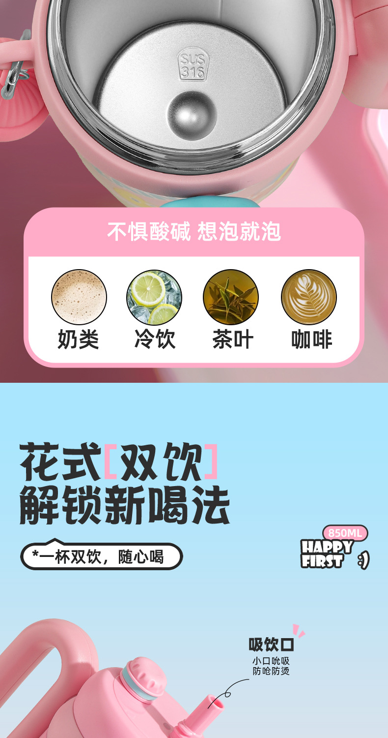 High-appearure-level cartoon ice cup, 316 stainless steel insulated cup, super cute large-capacity straw cup, portable handle water cup pic 3
