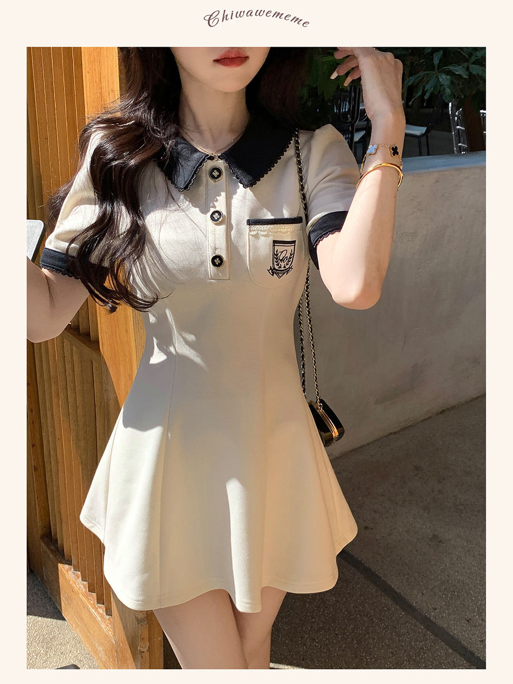 夏季新款设计感时尚POLO领短袖连衣裙女修身显瘦A子裙赫本风短裙详情2
