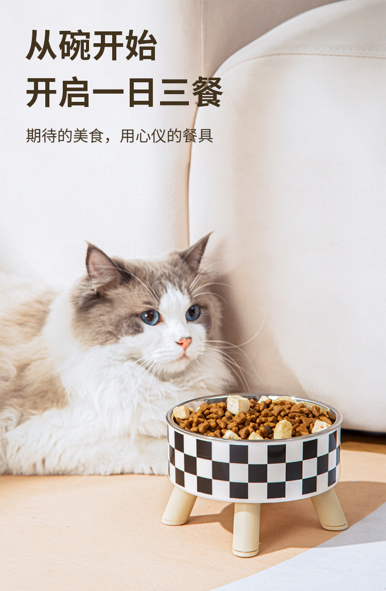 Wholesale of high-legged polka dot checkered pet bowls and anti-drop pet food utensils for cats and dogs pic 1