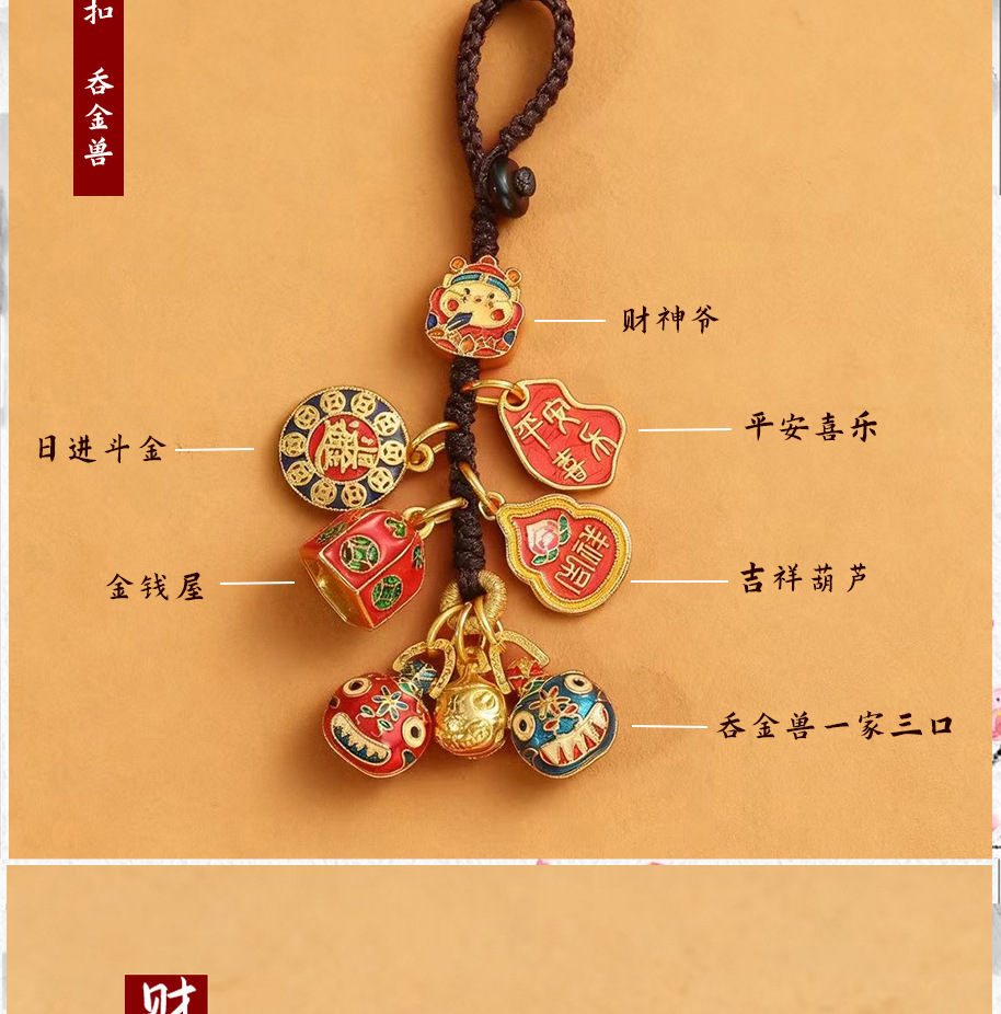 New keychain, sand gold God of Wealth mobile phone chain, family of three to bring good fortune and devour gold beast car key chain pendant pic 3