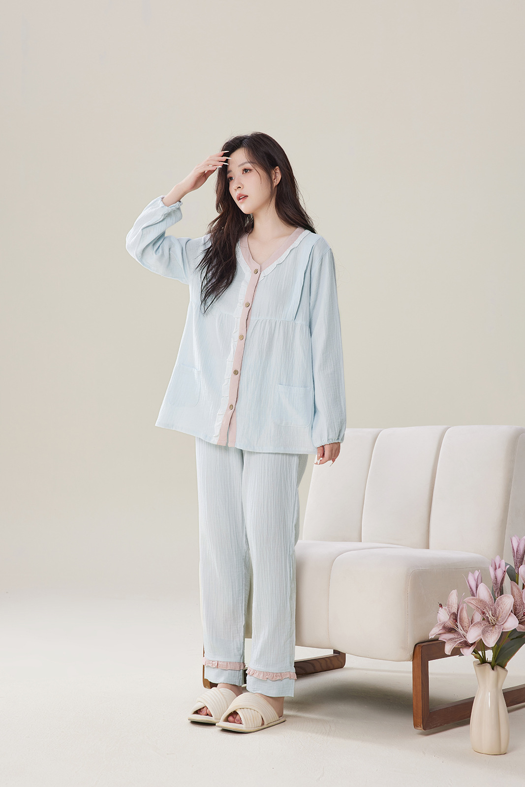 纯棉双层绉布月子服产后春夏吸汗透气甜美纯色纱布孕妇哺乳家居服详情4