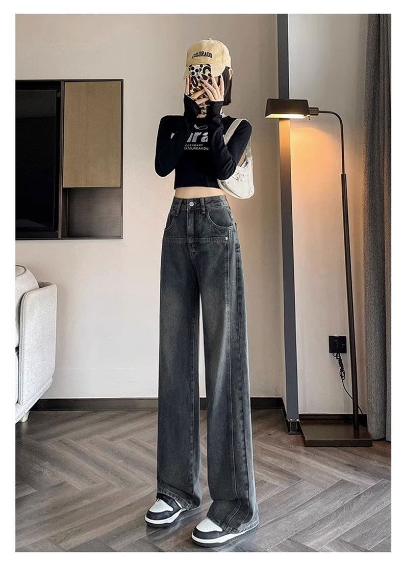 水泥灰窄版阔腿牛仔裤女2025年新款宽松小个子宽松高腰直筒裤春季详情13